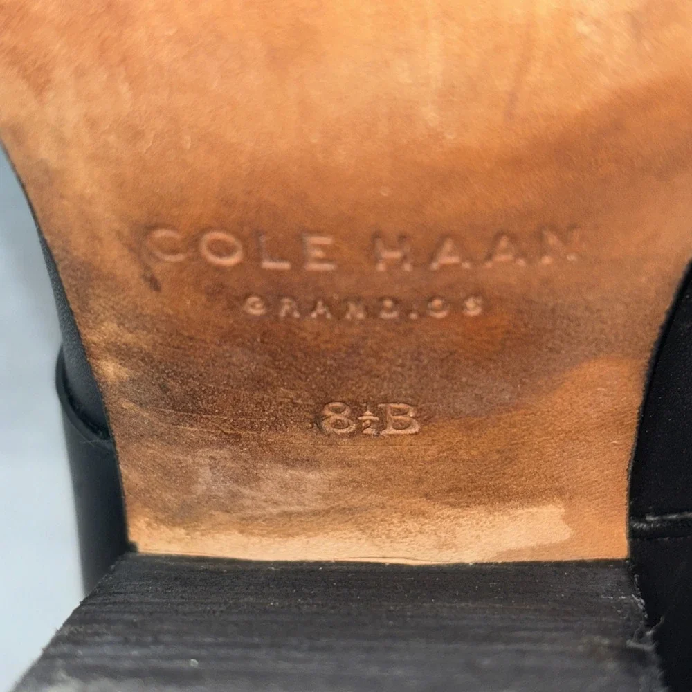 Cole Haan HAYDEN Grand.OS Black Leather Ankle Boots Block Heel Gold Accents W8.5